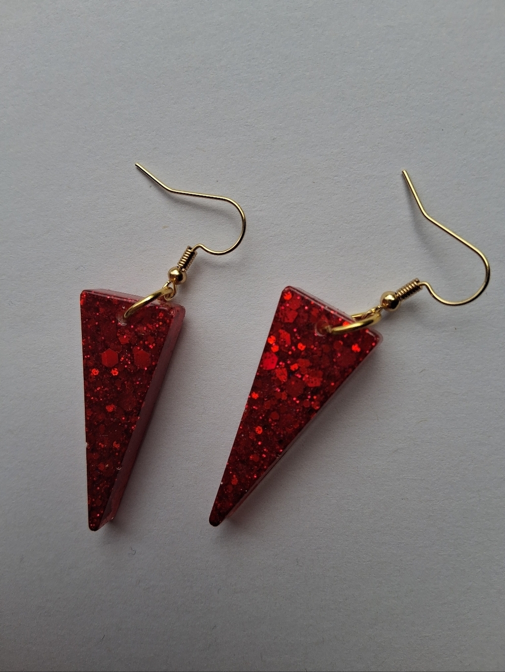 Handmade Red Glitter Triangle Drop Earrings - Women Jewelry - Picture 3 of 5